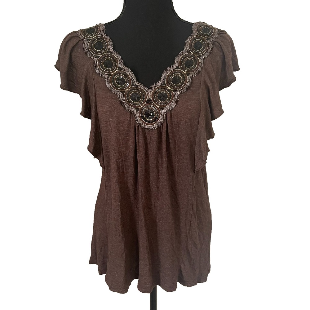 Y2K‎ VANITY Womens Sz L Brown Sequin Embellished Ruffle Sleeve Stretch Top VTG